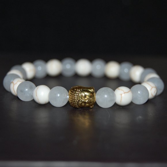 Buddha Bracelet,White Jade Bracelet,Golden Buddha,Elastic Bracelet,Meditation - Picture 2 of 3